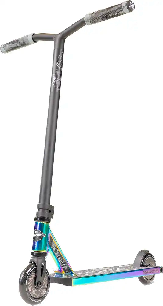 MGP Kick Extreme Scooter with neon chrome finish, showing the deck and handlebars in a dynamic stance, ideal for tricks and riding.