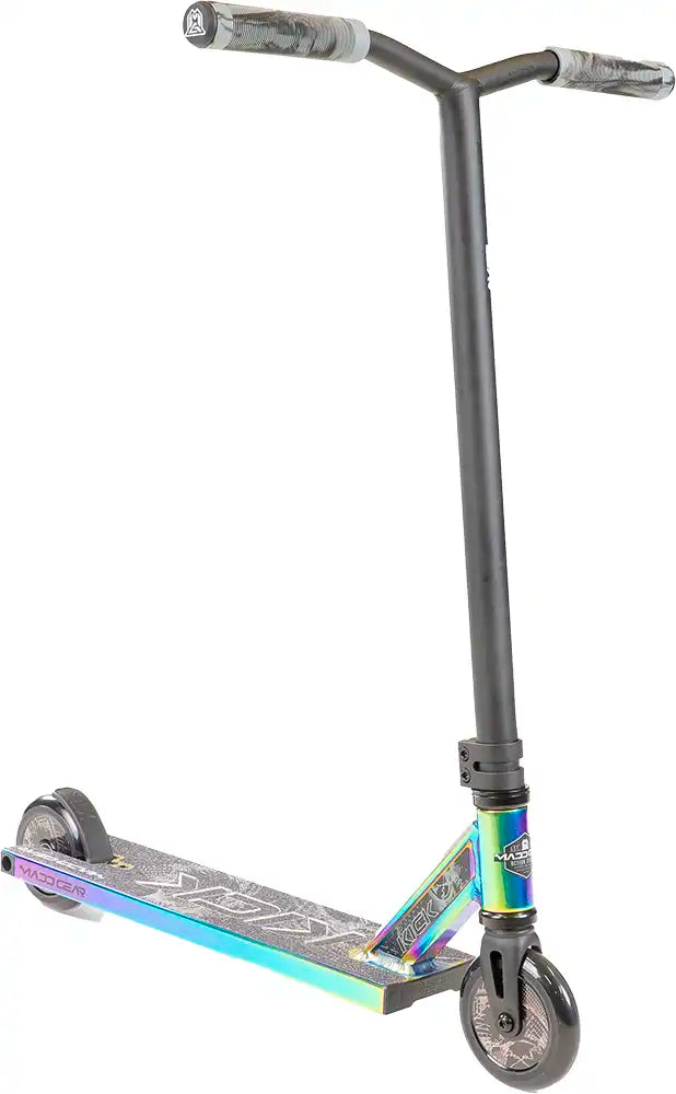MGP Kick Extreme scooter with neon chrome finish, featuring a sleek deck, handlebars, and wheels for stunt riding and tricks.