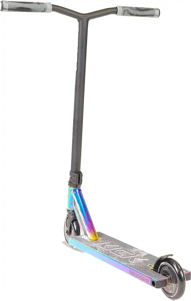 MGP Kick Extreme scooter with neon chrome finish, rear angle view, showcasing the sleek design and sturdy construction.