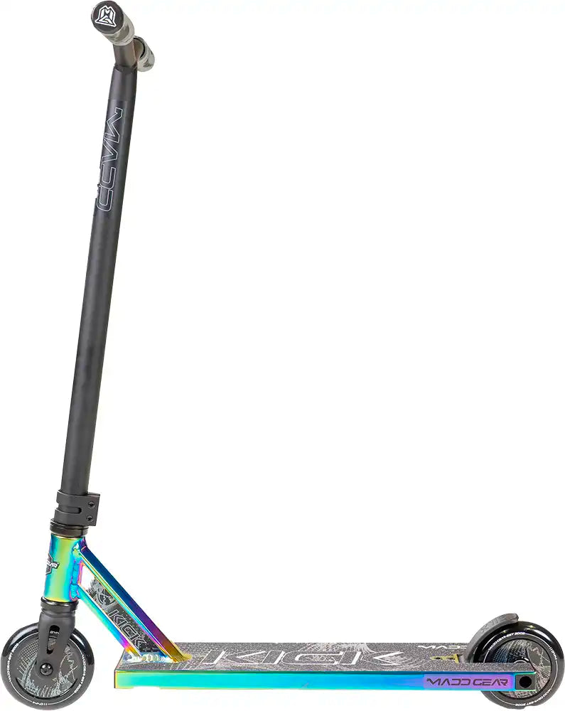 MGP Kick Extreme scooter with neon chrome finish, featuring a sleek design and sturdy build for tricks and riding.