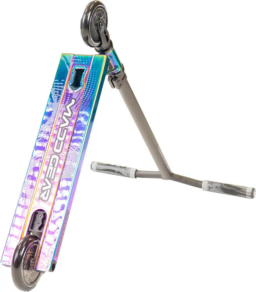 MGP Kick Extreme scooter with neon chrome finish, showing underside and right angle view of the scooter's deck and wheels.