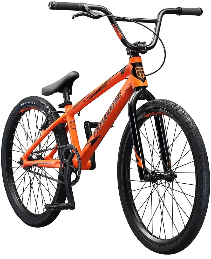 Mongoose Title Elite 24 BMX bike with black frame and colorful accents, ready for riding and tricks.