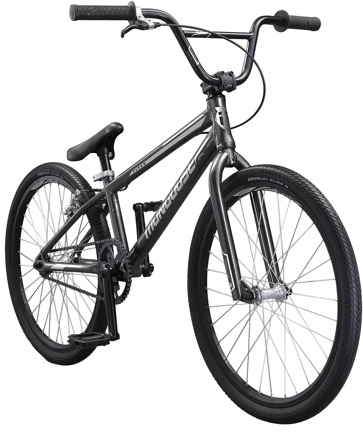Mongoose Title 24 BMX bike with black frame and colorful decals, perfect for young riders and BMX enthusiasts.