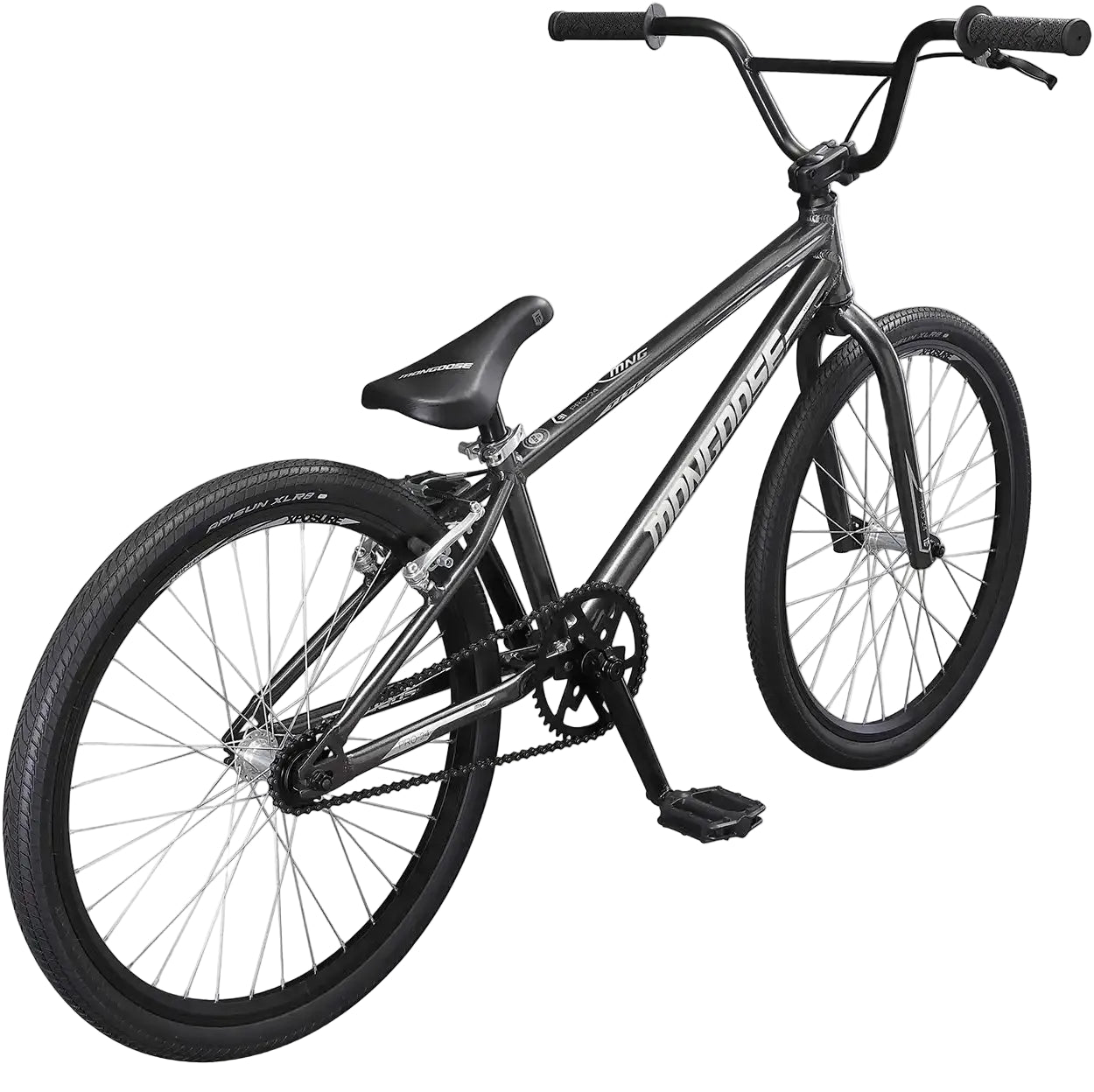 Mongoose Title 24 BMX bike with black frame and colorful decals, suitable for young riders, front and side views.