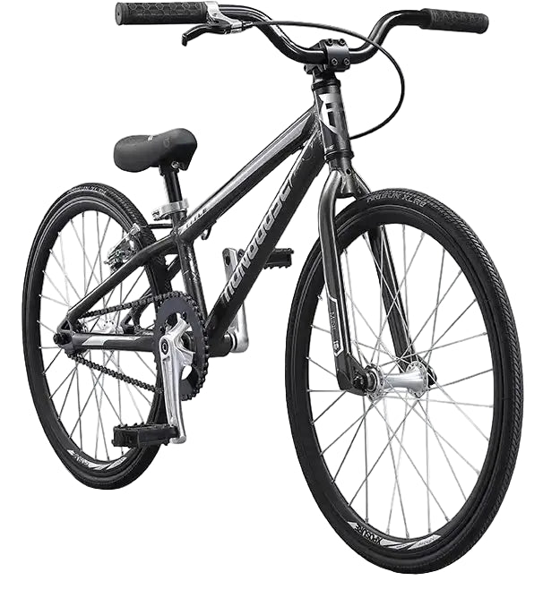 Mongoose Title Mini BMX bike with black frame and colorful details, designed for young riders and stunt riding.