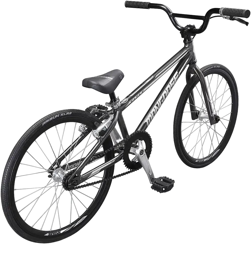 Mongoose Title Junior BMX bike with black frame and colorful accents, suitable for young riders, front and side view.
