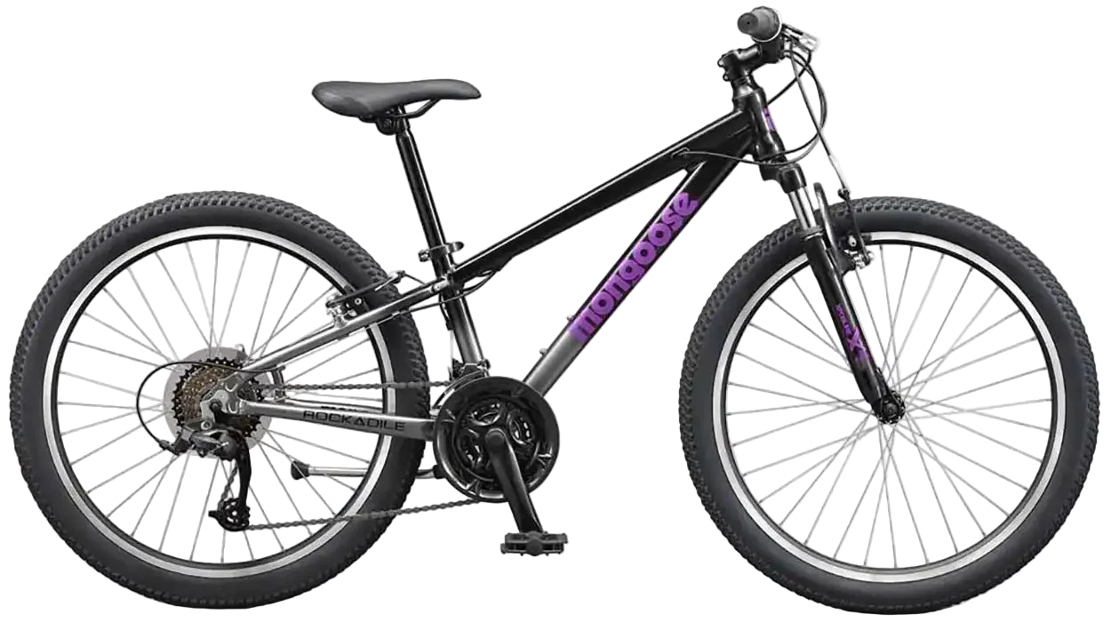 Mongoose Rockadile 24 girls' kids' bike with sturdy frame, colorful design, and 24-inch wheels for young riders.