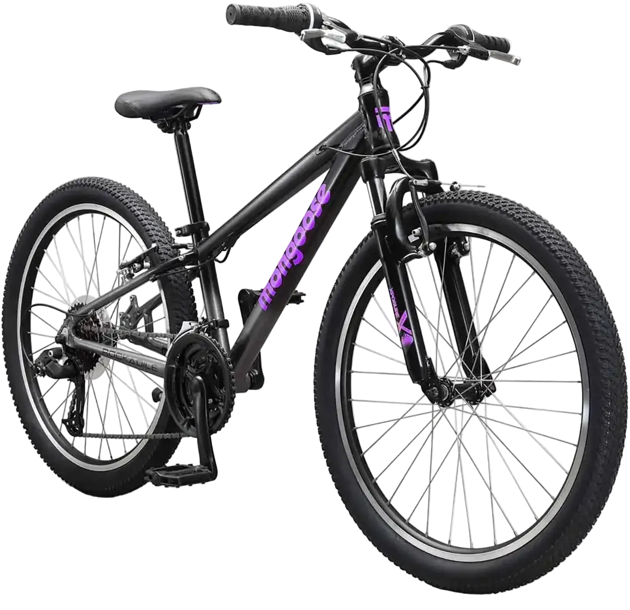 Mongoose Rockadile 24 girls' kids' bike with pink frame and training wheels, designed for young riders.