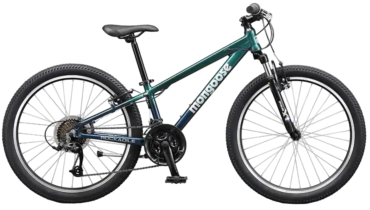 Mongoose Rockadile 24 boys' kids' bike with black frame and colorful accents, designed for young riders.