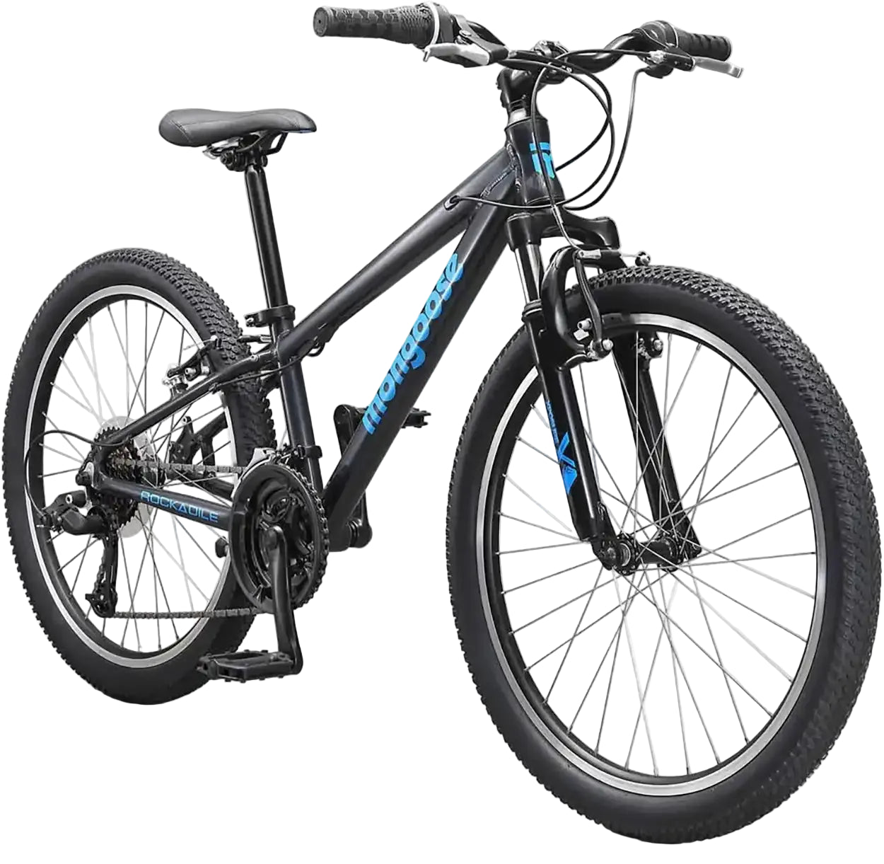 Mongoose Rockadile 24 boys' bike with black frame and colorful accents, designed for kids' outdoor cycling adventures.