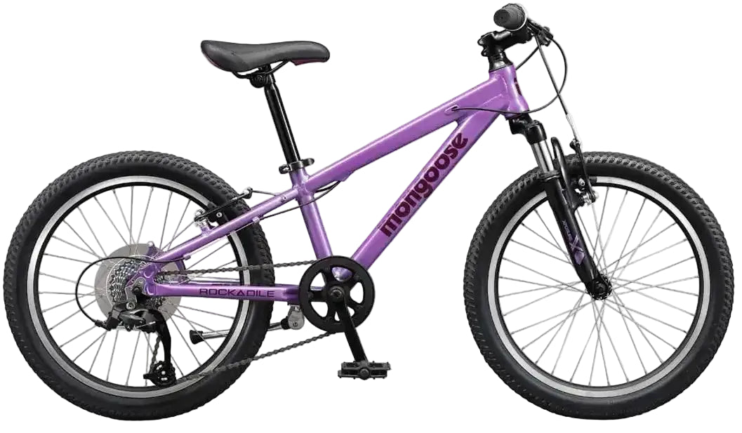 Mongoose Rockadile 20 girls' kids' bike with pink frame, training wheels, and colorful accents for young riders.