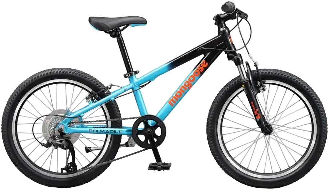 Young boy riding a 2025 Mongoose Rockadile 20-inch kids' bike, black and red frame, outdoors on a paved path.