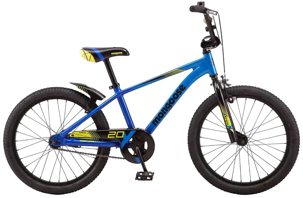 Kids Mongoose Racer X 2025 bike with bright red frame, black handlebars, and training wheels for young riders.