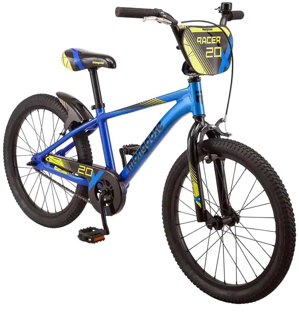 Kids' Mongoose Racer X bike, 2025 model, with black frame, colorful accents, and 20-inch wheels, suitable for young riders.