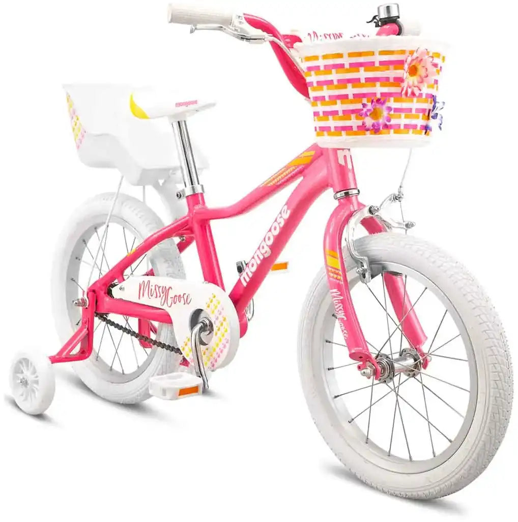 Mongoose MissyGoose kids' bike with colorful frame, training wheels, and adjustable seat for young riders.
