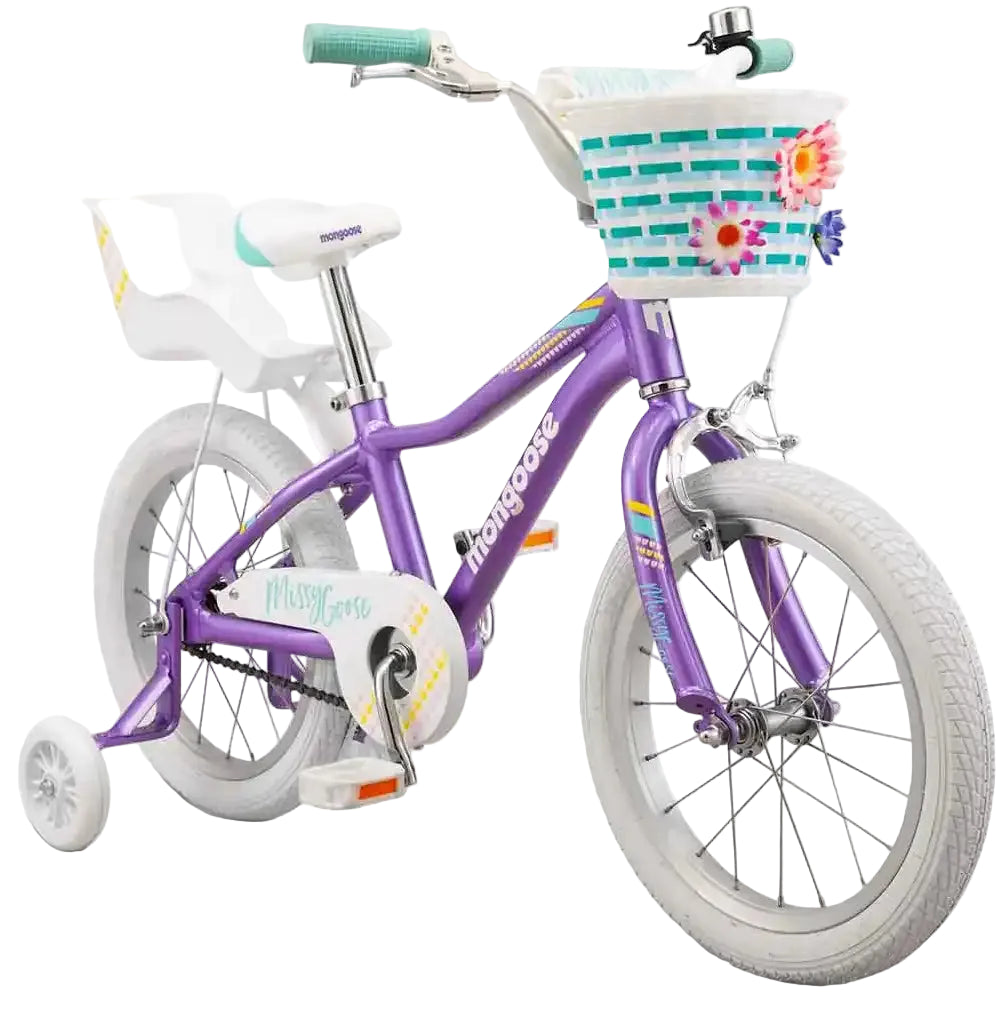 Kids' 2025 Mongoose MissyGoose bike with sturdy frame and colorful design, perfect for young riders.
