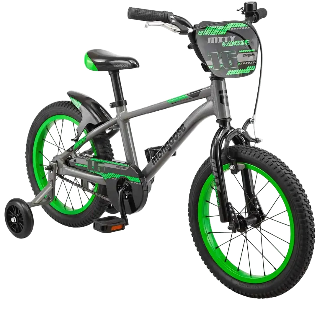 Kids' Mongoose MityGoose 2025 bike with colorful frame, training wheels, and adjustable seat for young riders.