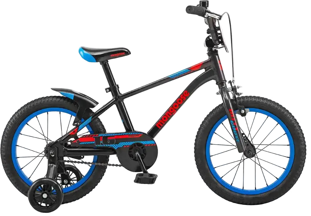 Kids' Mongoose MityGoose 2025 bike with black frame, training wheels, and adjustable seat for young riders.