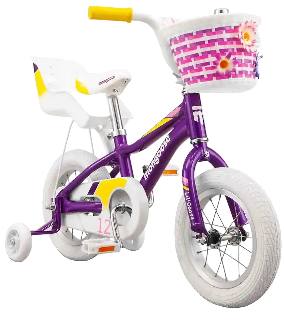 Kids' Mongoose LilGoose bike for girls, featuring a colorful frame, training wheels, and adjustable handlebars.