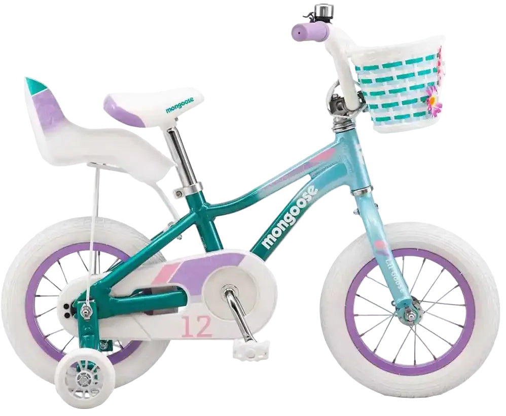 Mongoose LilGoose girls' kids' bike with colorful frame, training wheels, and adjustable seat, ideal for young beginners.