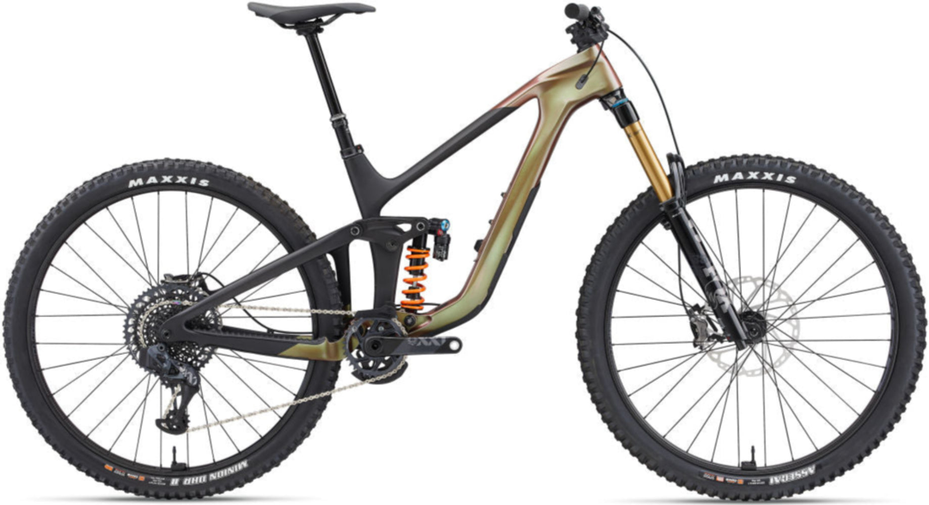 Giant 2023 Reign Advanced Pro 0 dual suspension mountain bike in Messier Carbon color with sleek frame and suspension components.