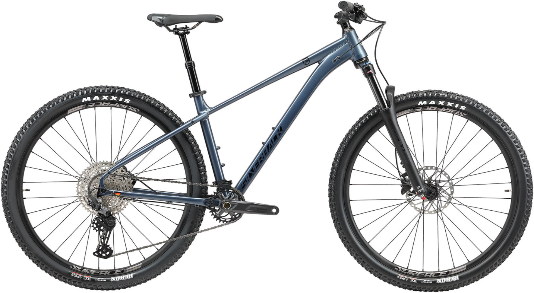 Silverback 2025 SE Series 12 hardtail mountain bike with silver frame and front suspension, ready for outdoor trails.