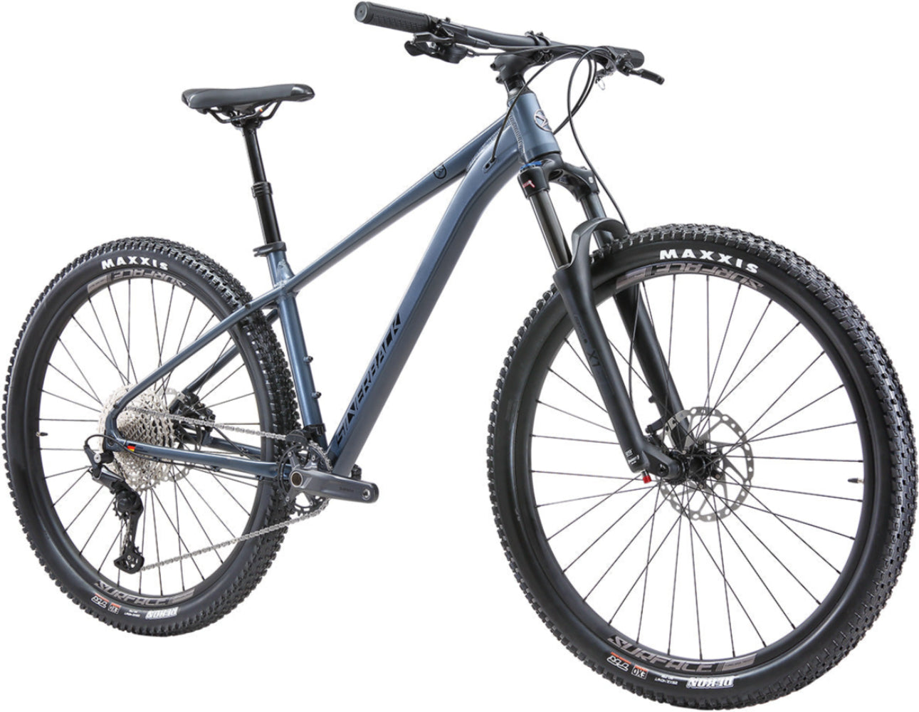 Silverback 2025 SE Series 12 hardtail mountain bike with a sleek silver frame and front suspension, ready for off-road trails.