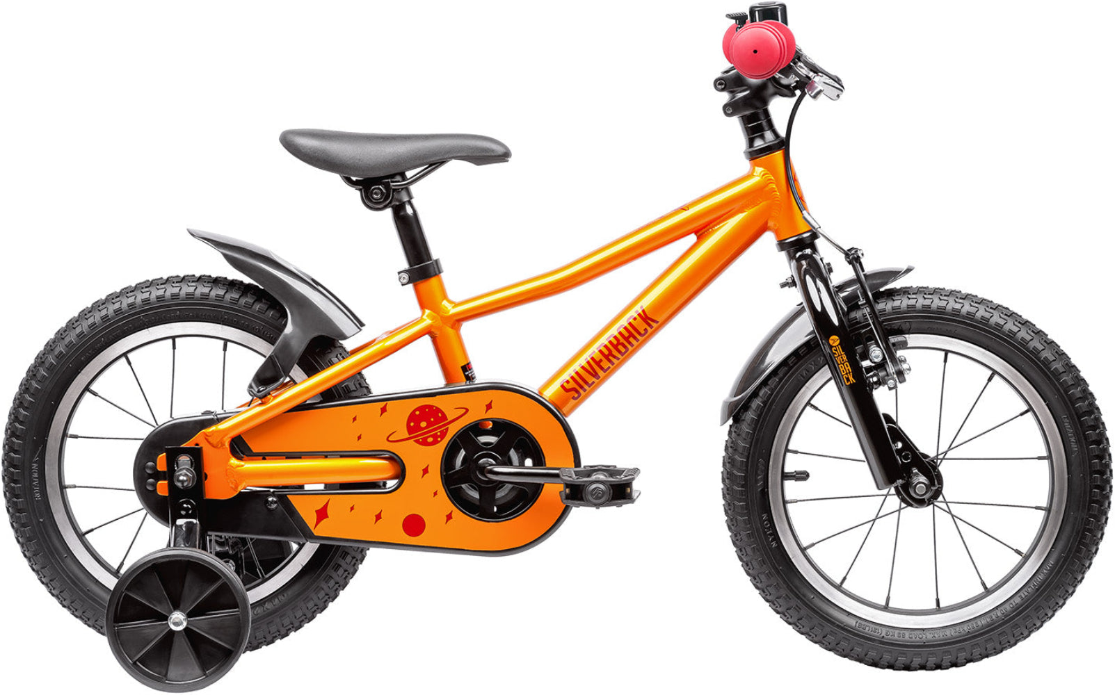 Silverback Skid 14 boys' bike with a silver frame, knobby tires, and front suspension, designed for young riders.