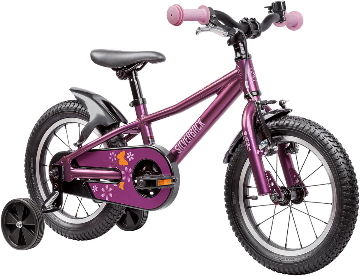 Silverback 2025 Skid 14 girls' kids bike with a silver frame and black tires, designed for young riders.