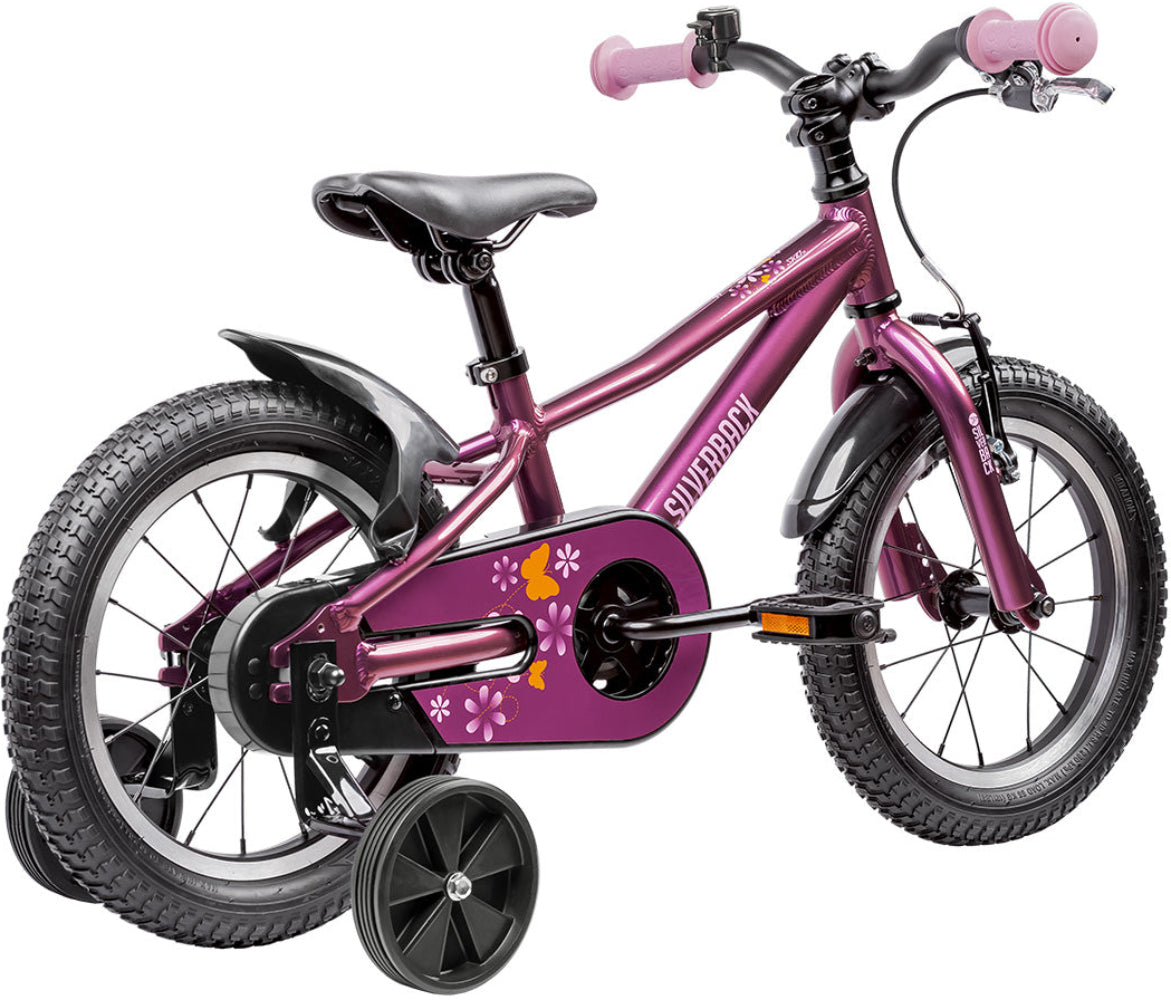 Silverback 2025 Skid 14-inch girls' kids' bike with a silver frame and black accents, suitable for young riders.