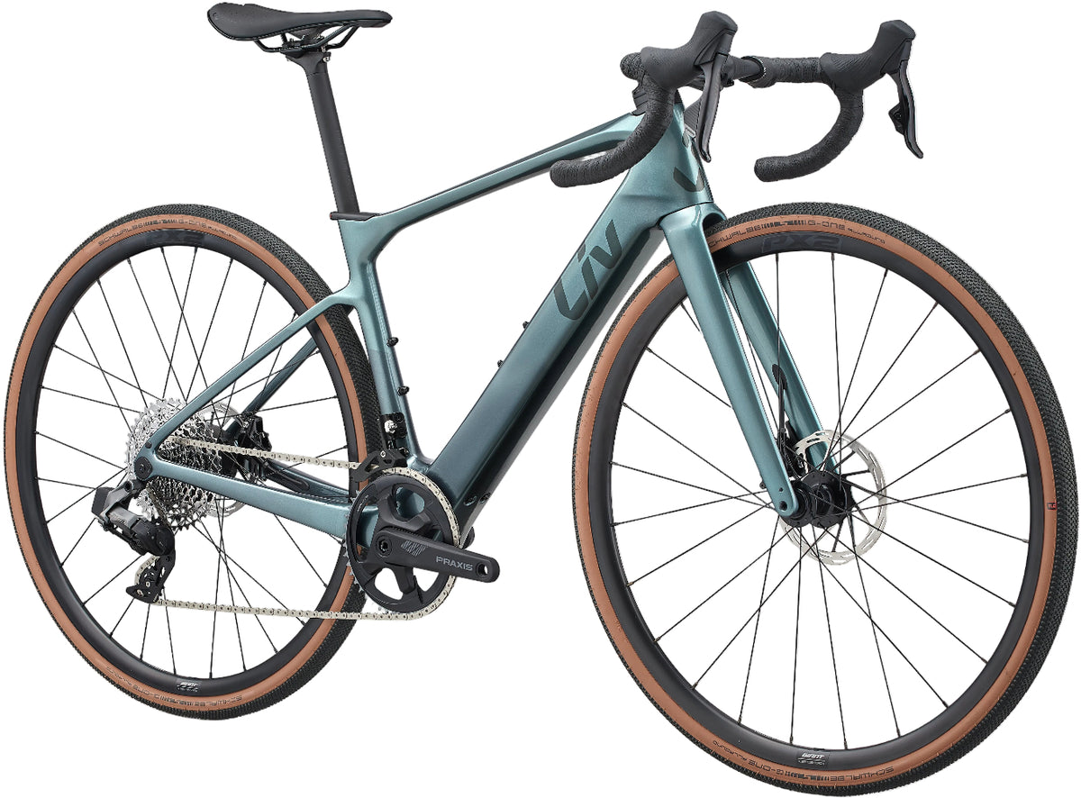 Liv Avail Advanced E+ Elite AR e-bike in silver pine color with front view, showcasing sleek frame and modern design.