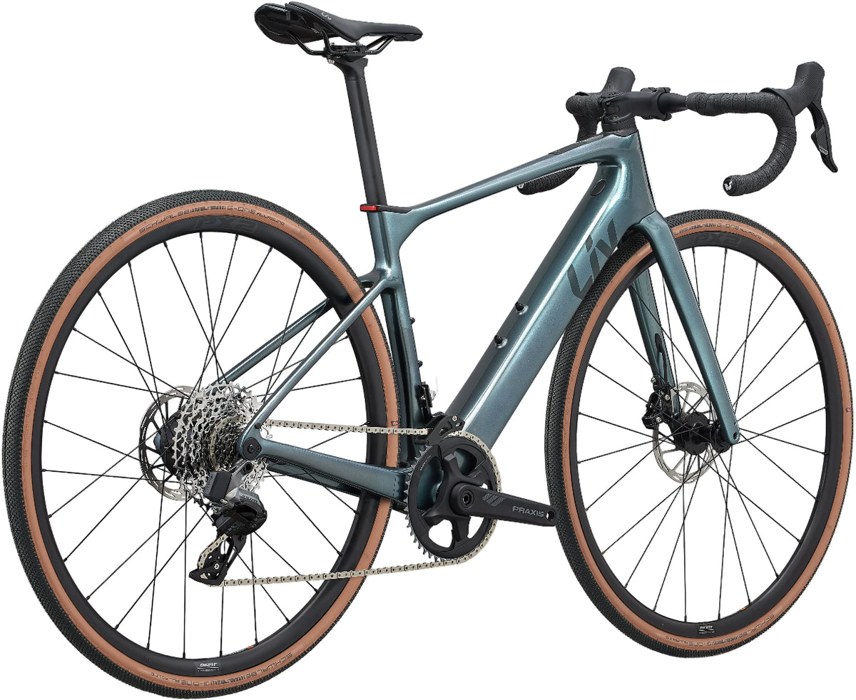 Liv Avail Advanced E+ Elite AR e-bike in silver pine color, featuring a sleek frame and rear view of the Liv brand e-bike.
