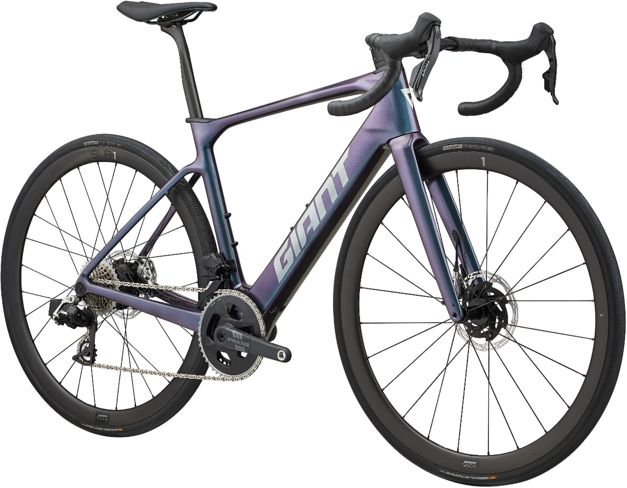 Giant 2025 Defy Advanced E+ Elite 0 e-bike with blue Dragonfly color, front view showing sleek frame and electric motor.
