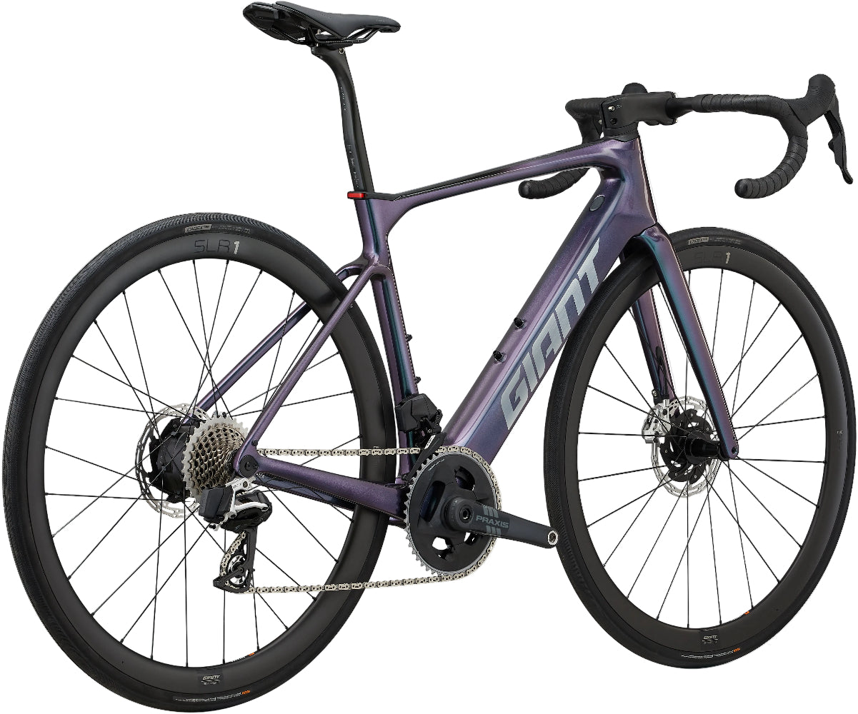 Giant 2025 Defy Advanced E+ Elite 0 e-bike in blue Dragonfly, rear view showing frame and rear wheel detail.
