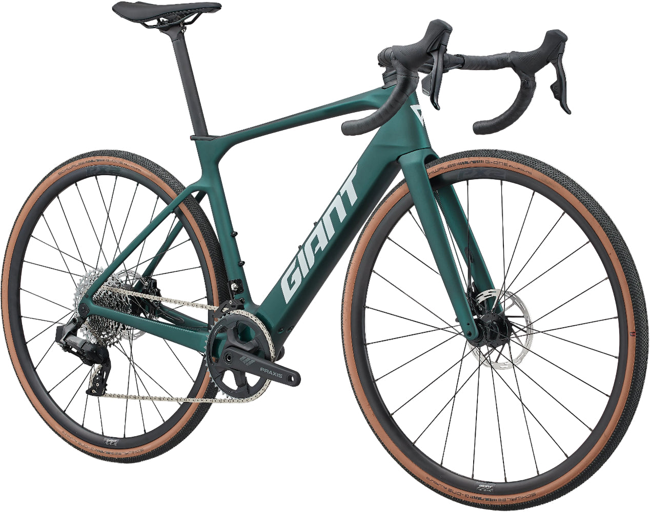 Giant 2025 Defy Advanced E+ Elite AR e-bike with front view in Kelp Forest color, showcasing sleek frame and front suspension.