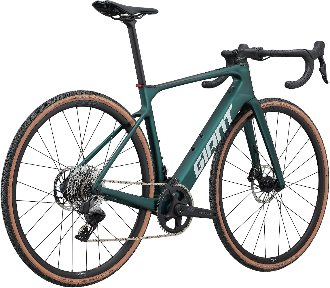 Rear view of a 2025 Giant Defy Advanced E+ Elite AR e-bike in Kelp Forest color, showing the frame and rear wheel.