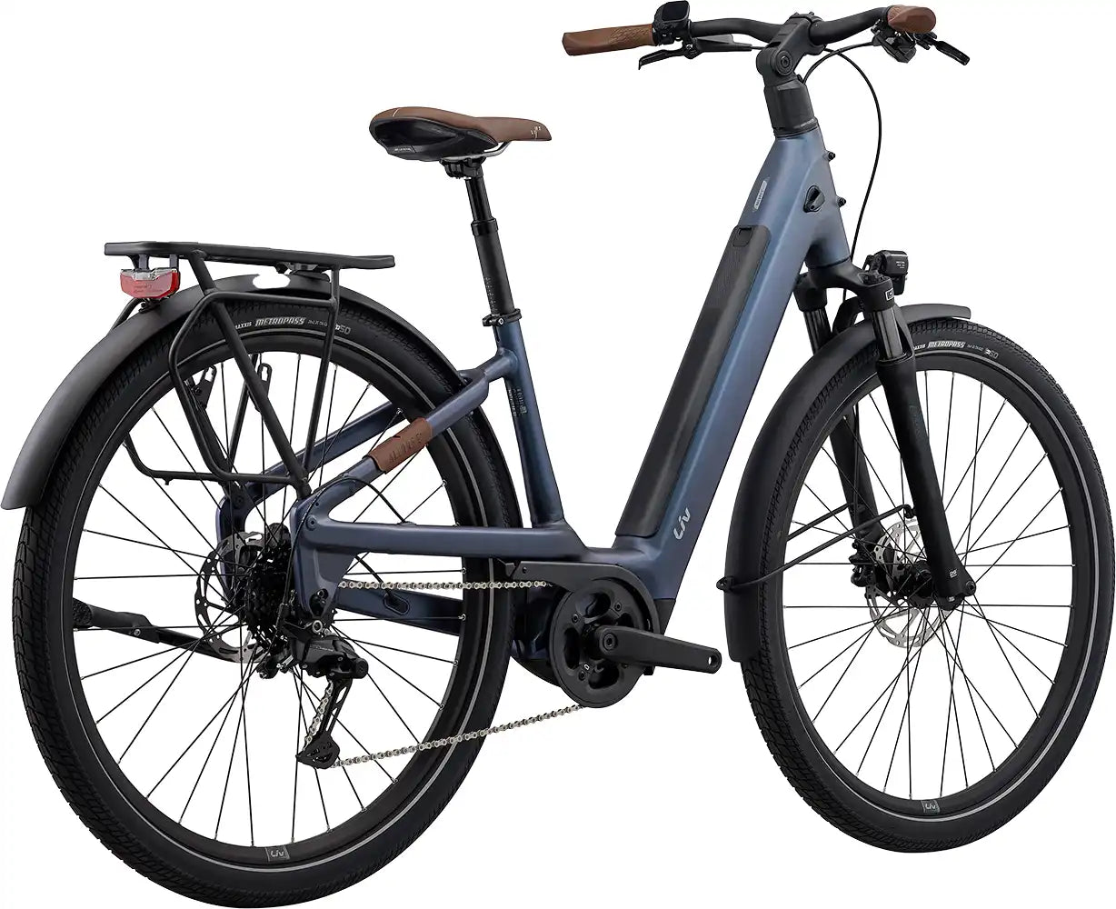 Rear view of Liv Allure E+ 2 electric bike in Ocean Twilight color, showcasing sleek frame and rear wheel design.