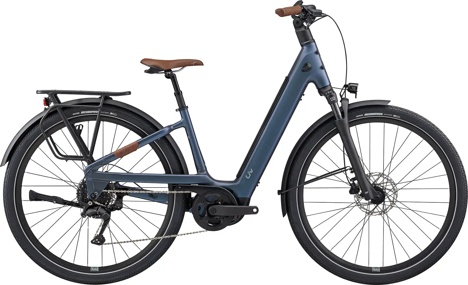 Liv Allure E+ 2 electric bike in Ocean Twilight color, featuring a sleek frame, handlebars, saddle, and modern e-bike components.