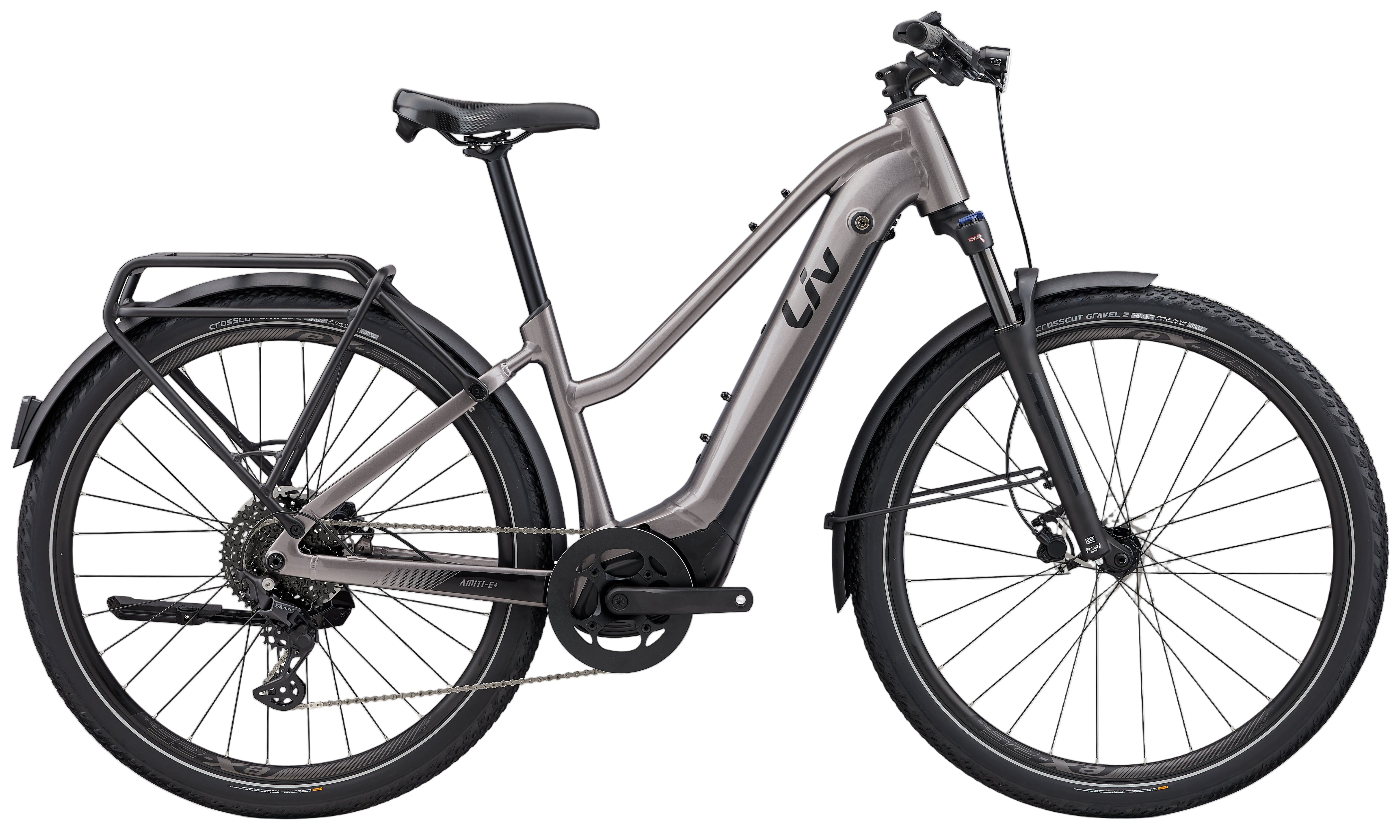Liv Amiti E+ 2026 e-bike in Early Espresso color, featuring a sleek frame and electric assist system for versatile riding.