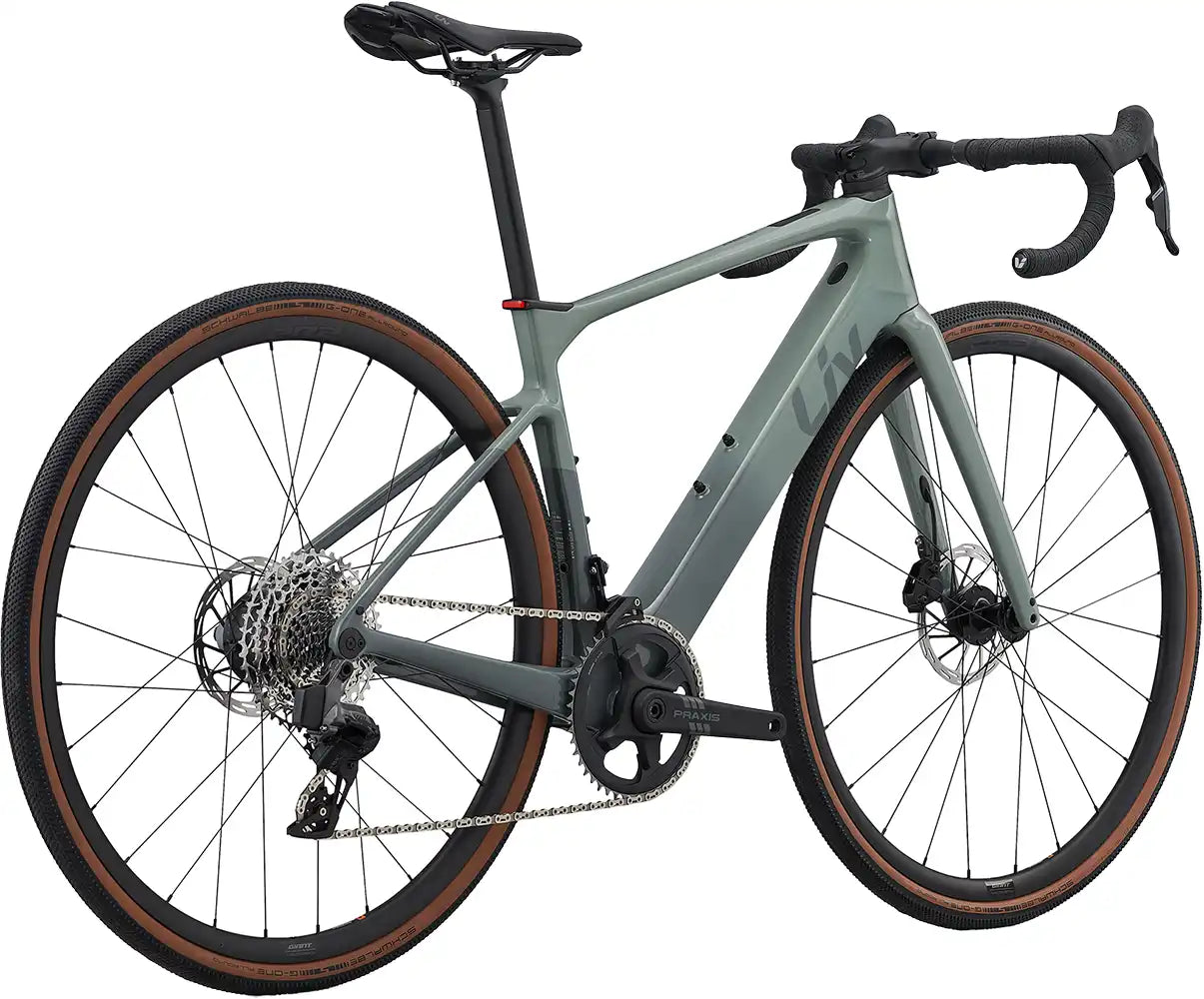Rear view of Liv 2026 Avail Advanced E+ Elite AR e-bike with sleek frame and integrated motor, showcasing its modern design.