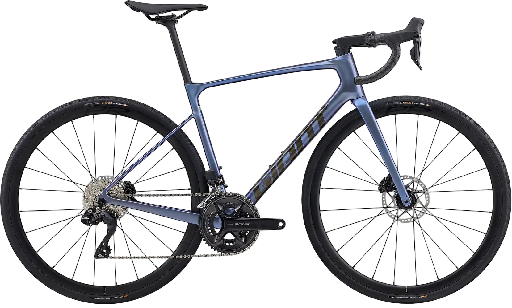 Giant 2026 Defy Advanced 1 road bike with sleek frame, thin tires, and aerodynamic design, shown in Thundercloud color.