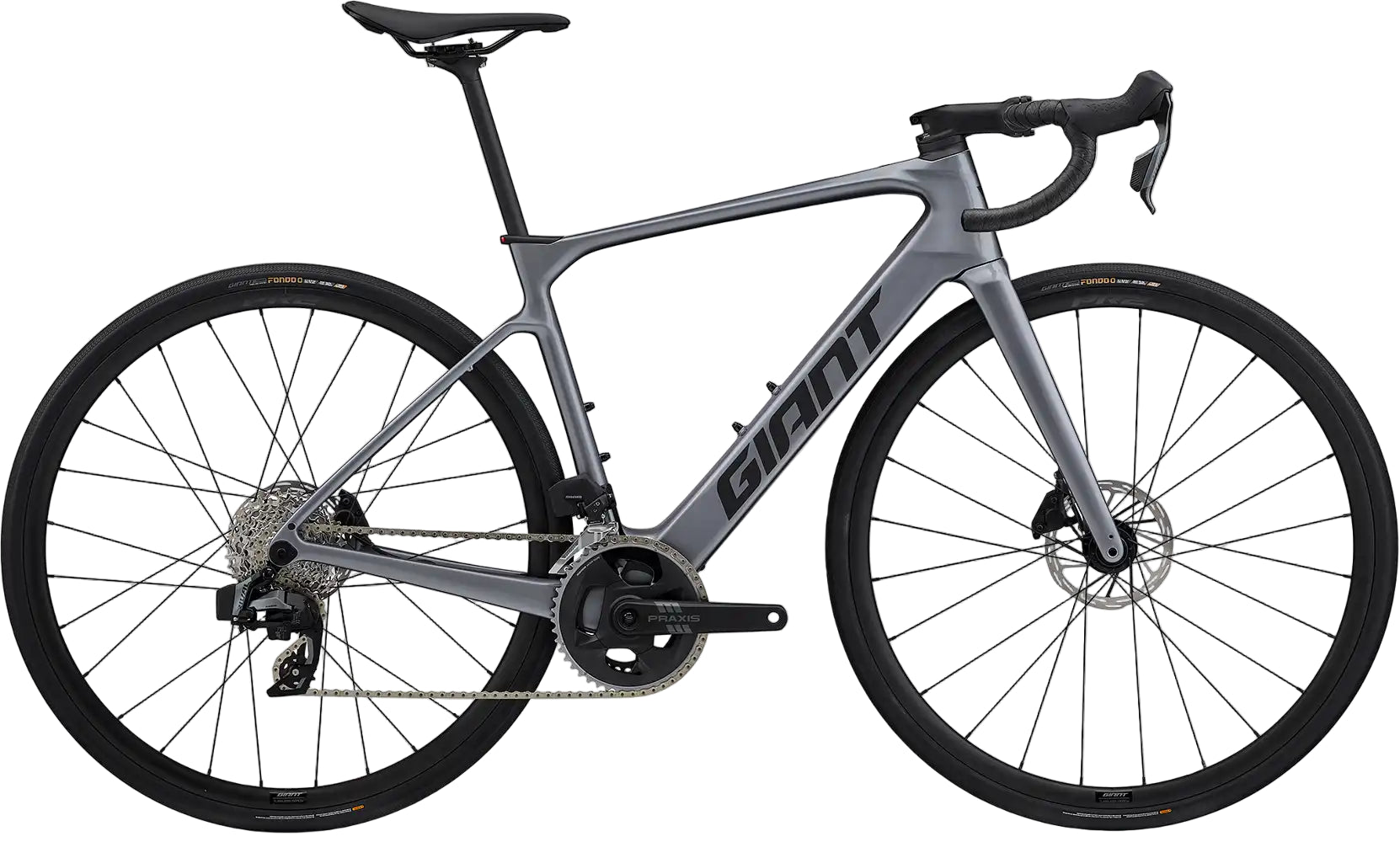 Giant 2026 Defy Advanced E+ Elite 2 e-bike with sleek frame and modern design, front view showing the bike's color and components.