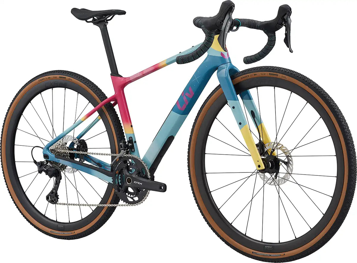 Liv 2026 Devote Advanced 0 SE gravel bike with black frame, front view showing lightweight design and off-road tires.