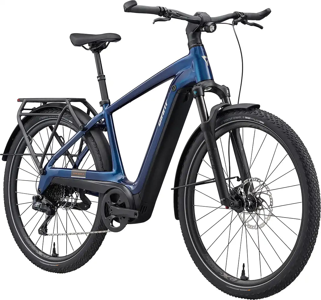 Front view of a 2026 Giant Explore E+ 1 electric bike in metallic navy with sleek frame and modern design.
