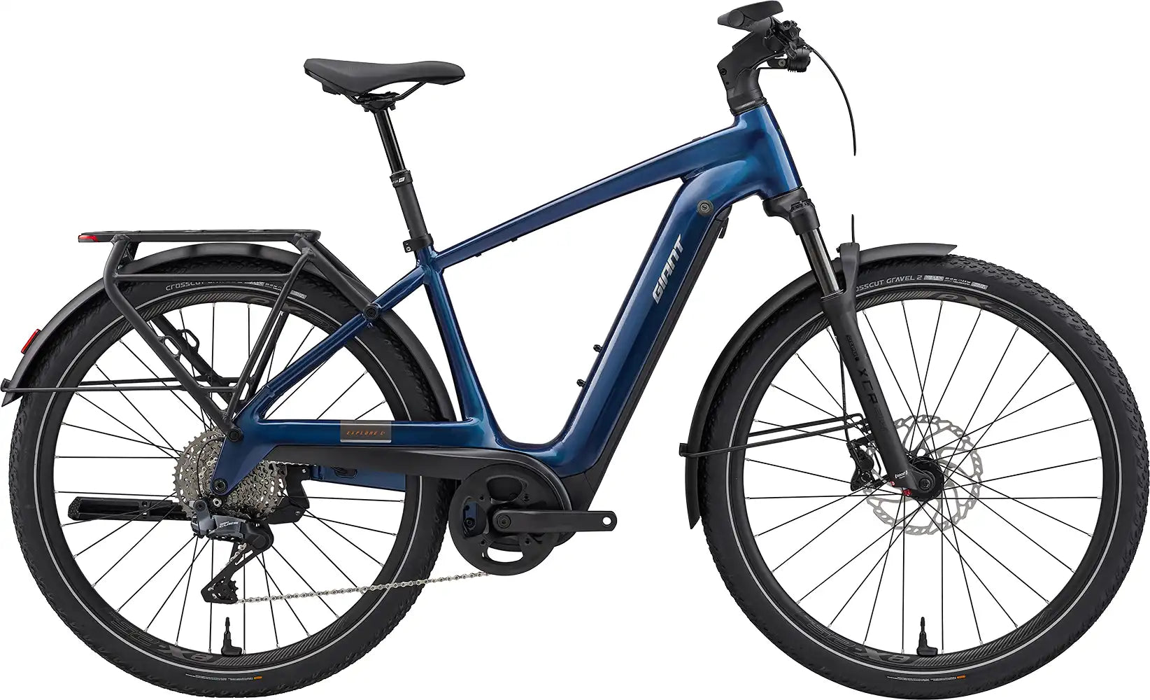 Giant Explore E+ 1 electric bike in metallic navy with front suspension and sleek frame design.