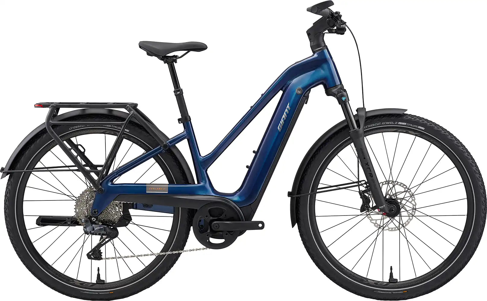 Giant Explore E+ 1 electric bike with metallic navy frame and sleek design, suitable for versatile riding adventures.
