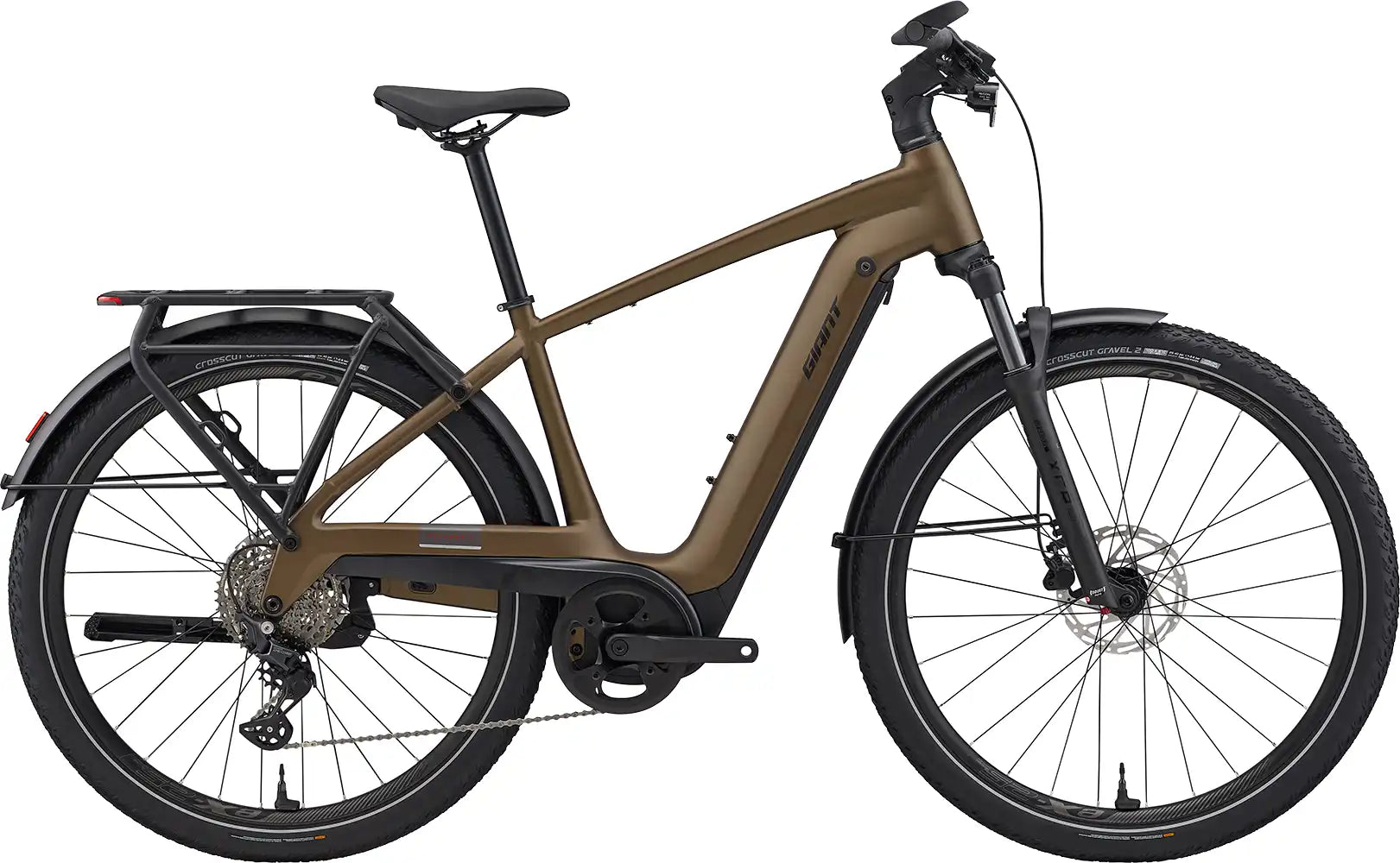 Giant Explore E+ 3 electric bike in Pyrite Brown with a sleek frame and modern design, suitable for outdoor adventures.