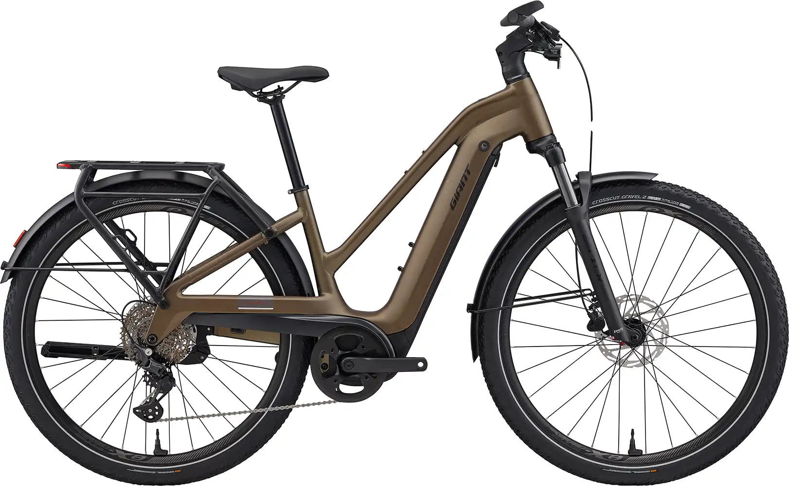 Giant Explore E+ 3 electric bike in Pyrite Brown with sleek frame and modern design, ready for outdoor riding and adventure.