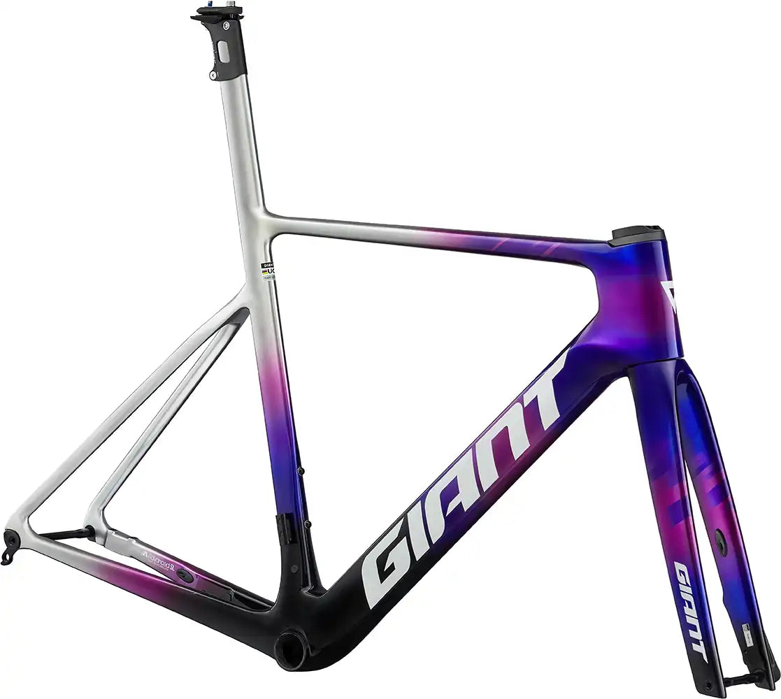 Giant Propel Advanced SL road bike frameset in purple storm color, front view showcasing aerodynamic design and sleek frame details.