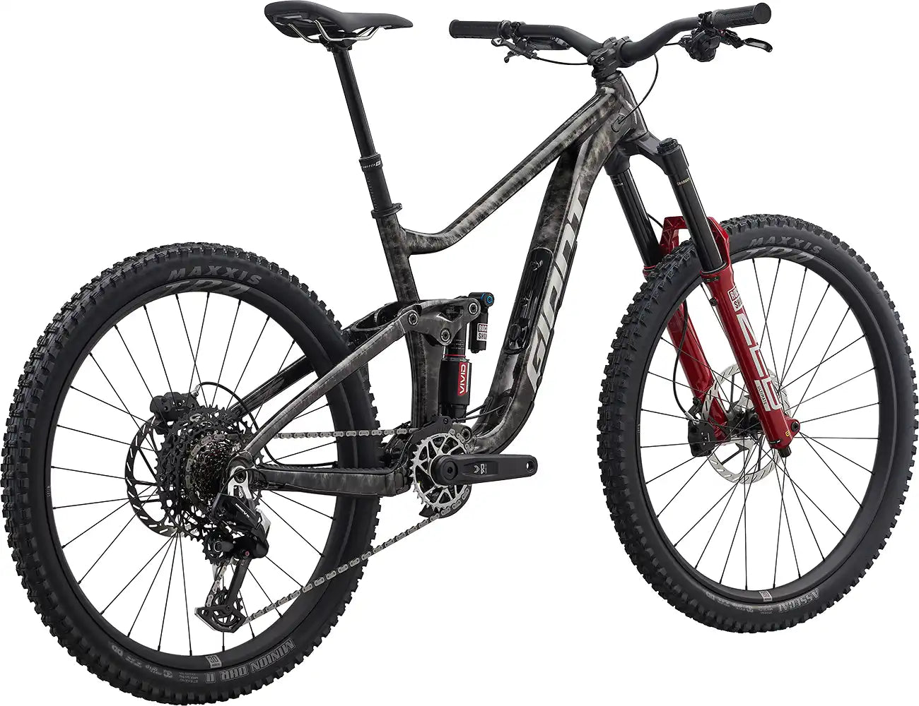 Rear view of a 2026 Giant Reign SE dual suspension mountain bike in color A, showcasing its frame and rear suspension system.